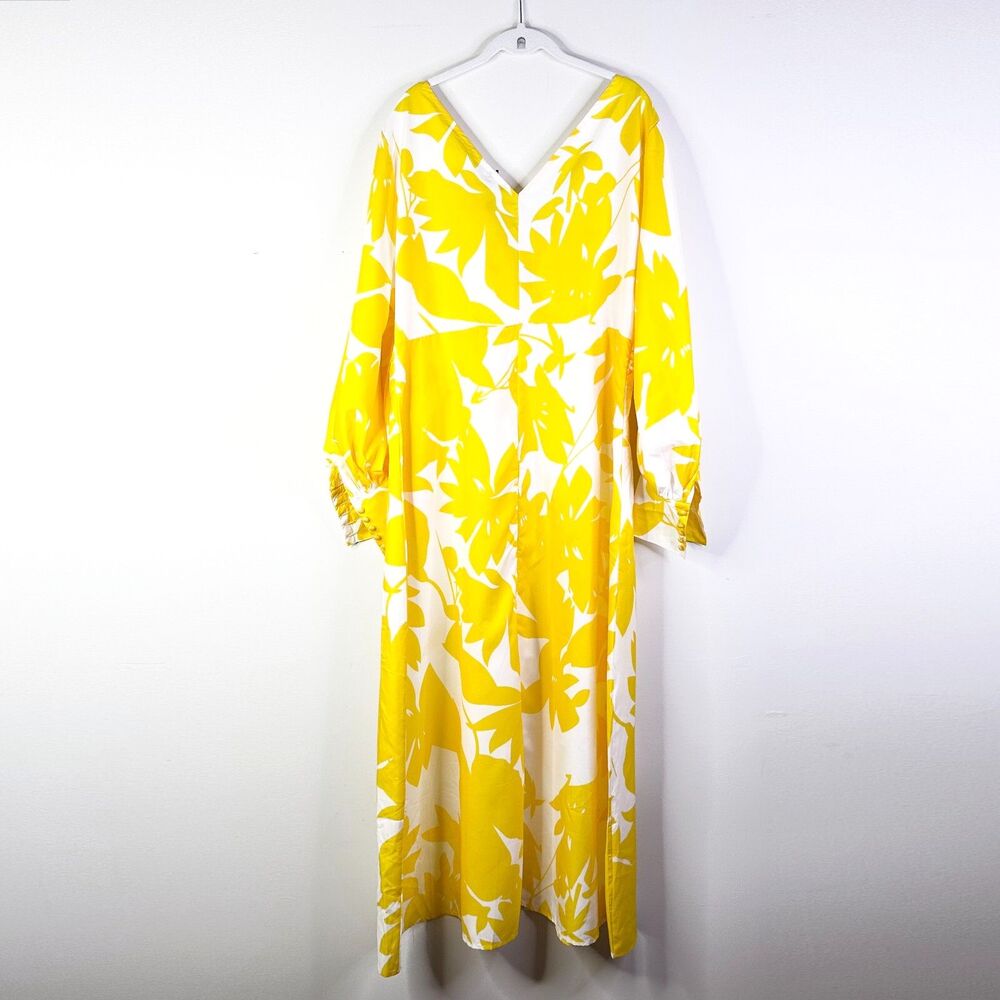 Vonda Dress Women 1X 2X Plus Yellow White Floral Maxi Deep V-neck Regency NWT - Picture 3 of 8